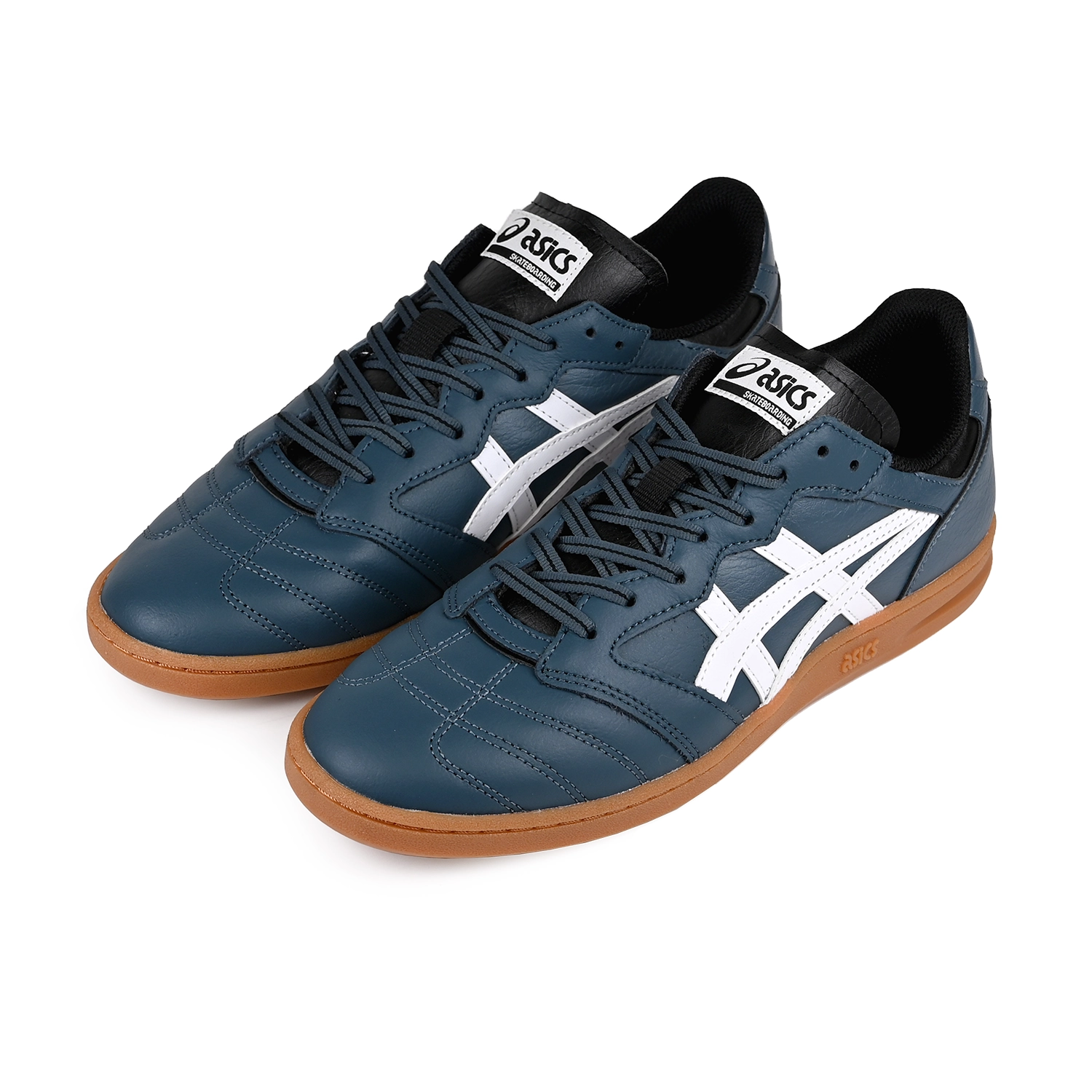 A pair of Asics Skateboarding Leggerezza FB Pro sneakers in Raw Indigo and gum sole on white background