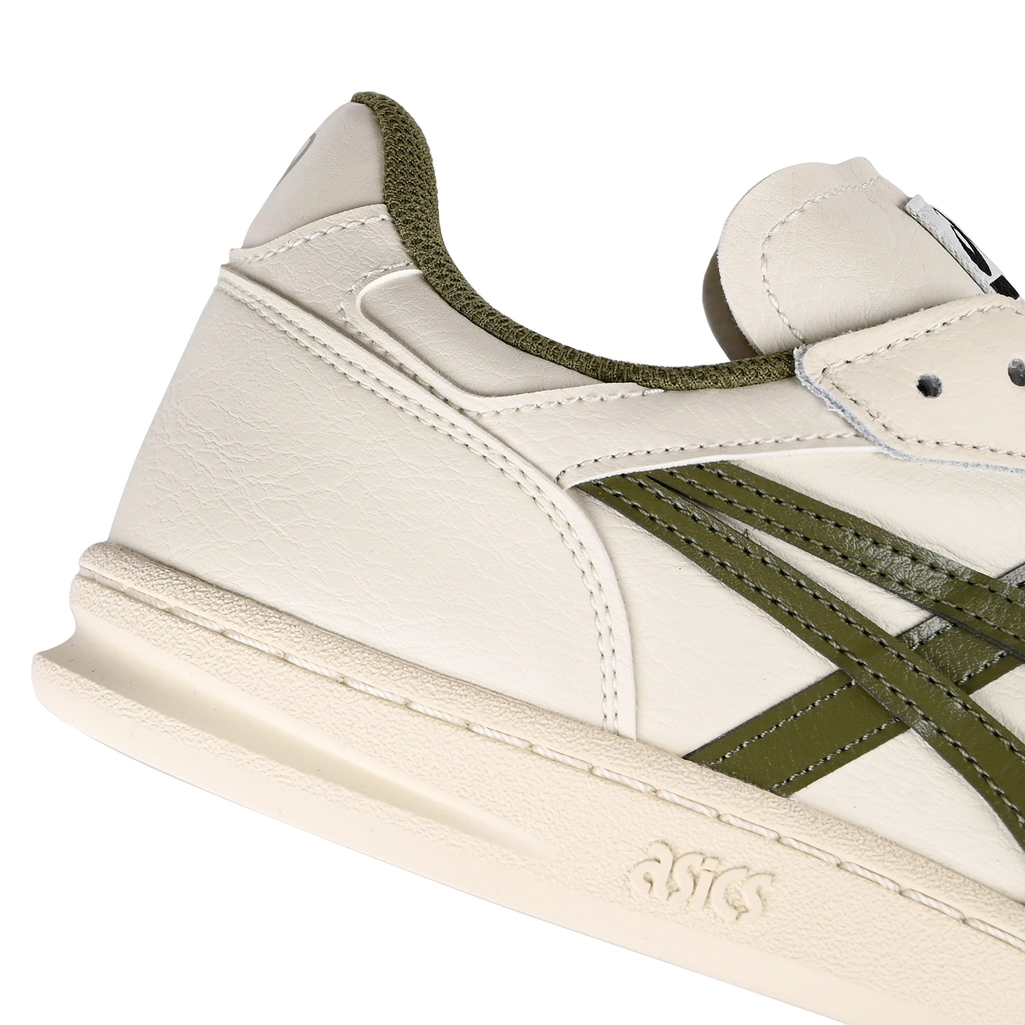 Detail of Birch Asics Skateboarding Leggerezza Pro FB skateboard sneaker with Loden Green 'Onitsuka' branding on a white background