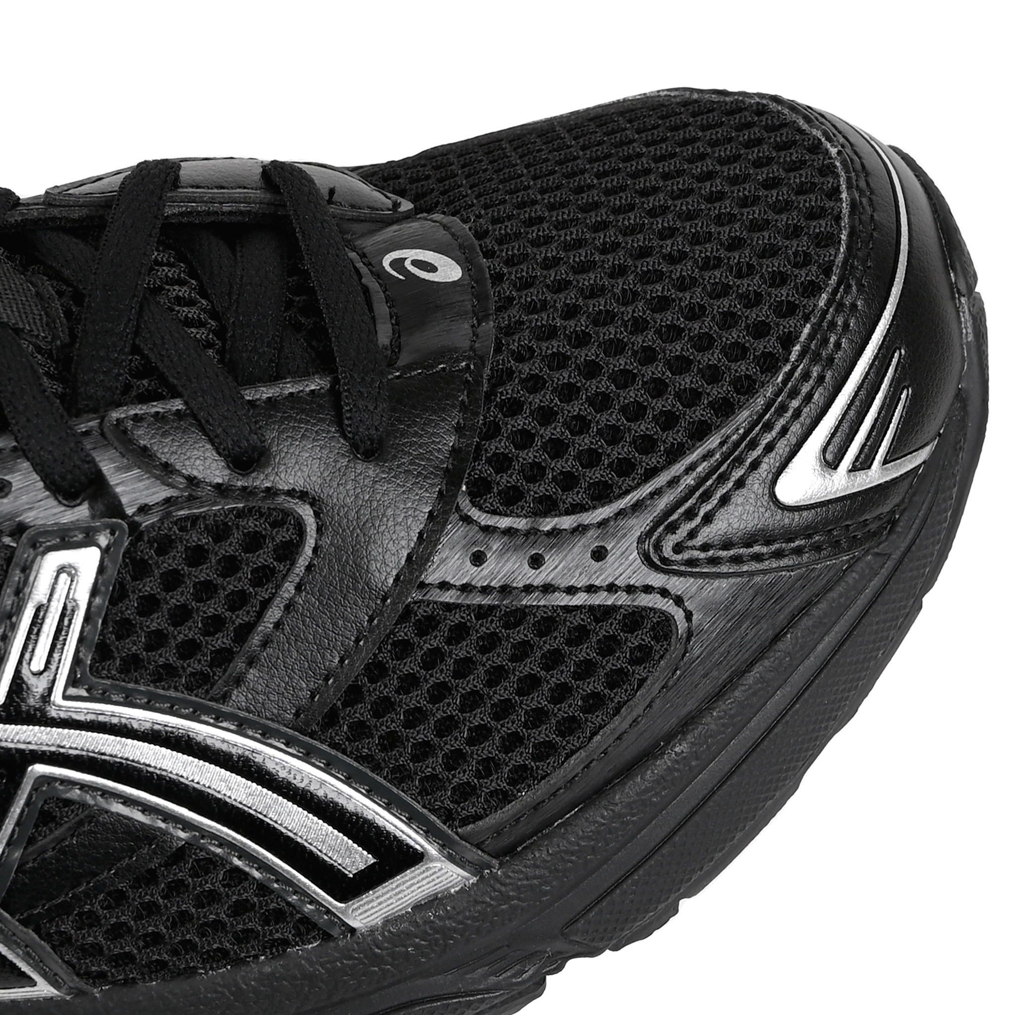 Toe box of Black ASICS Sportstyle GEL-1130 with pure silver sneaker 'Onitsuka' branding on a white background