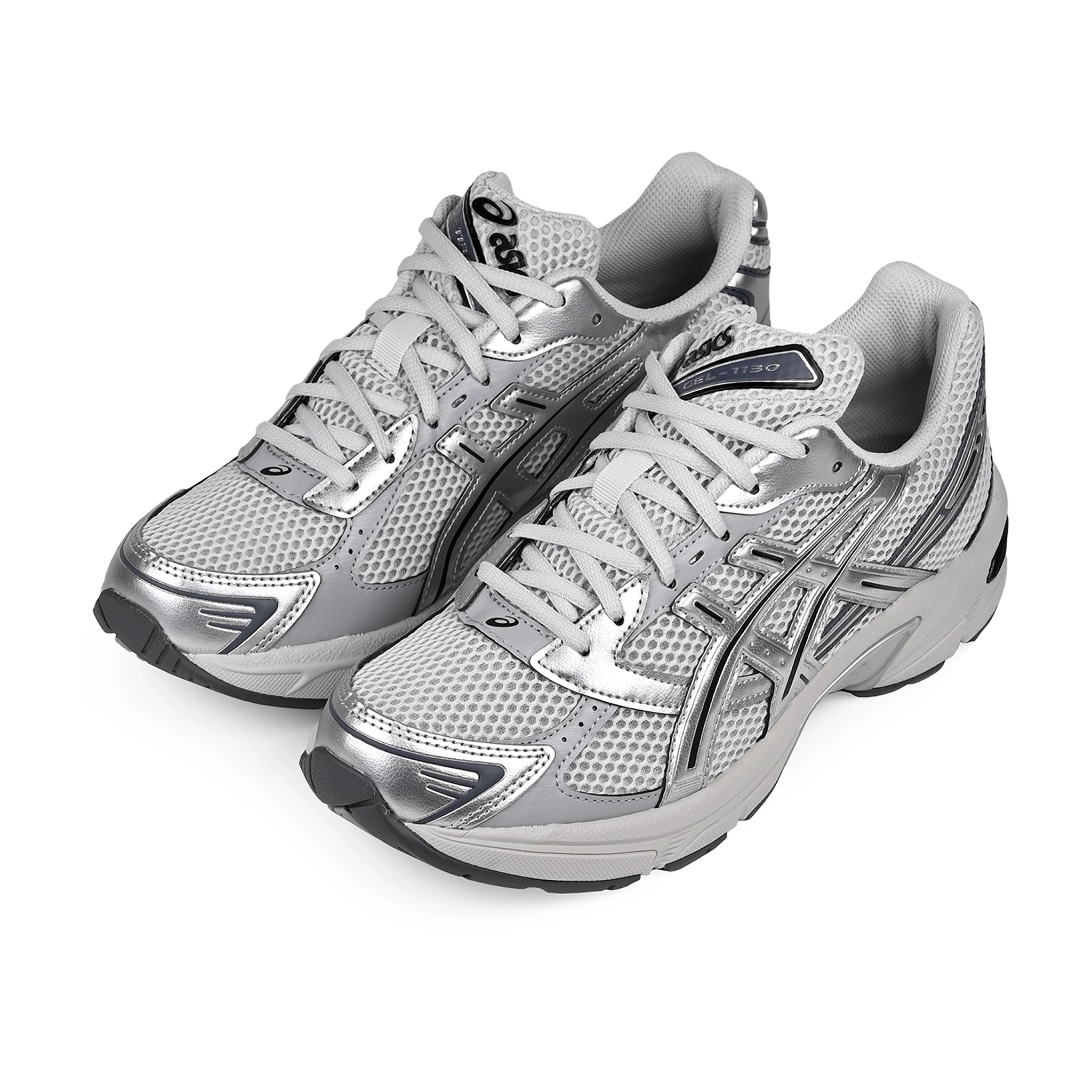 A pair of Glacier grey and pure silver ASICS sportstyle GEL-1130 sneakers with 'Onitsuka' branding on a white background
