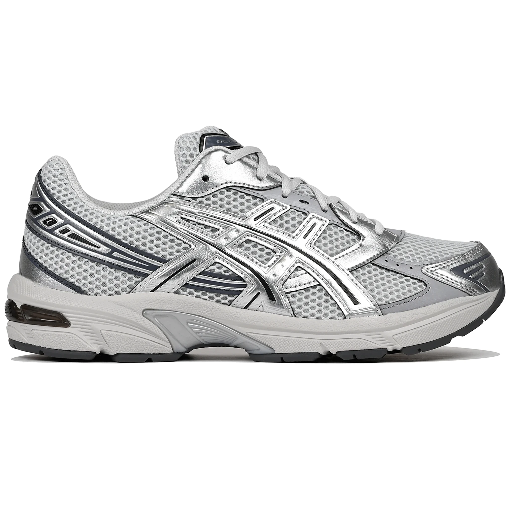 Glacier grey and pure silver ASICS sportstyle GEL-1130 sneaker with 'Onitsuka' branding on a white background