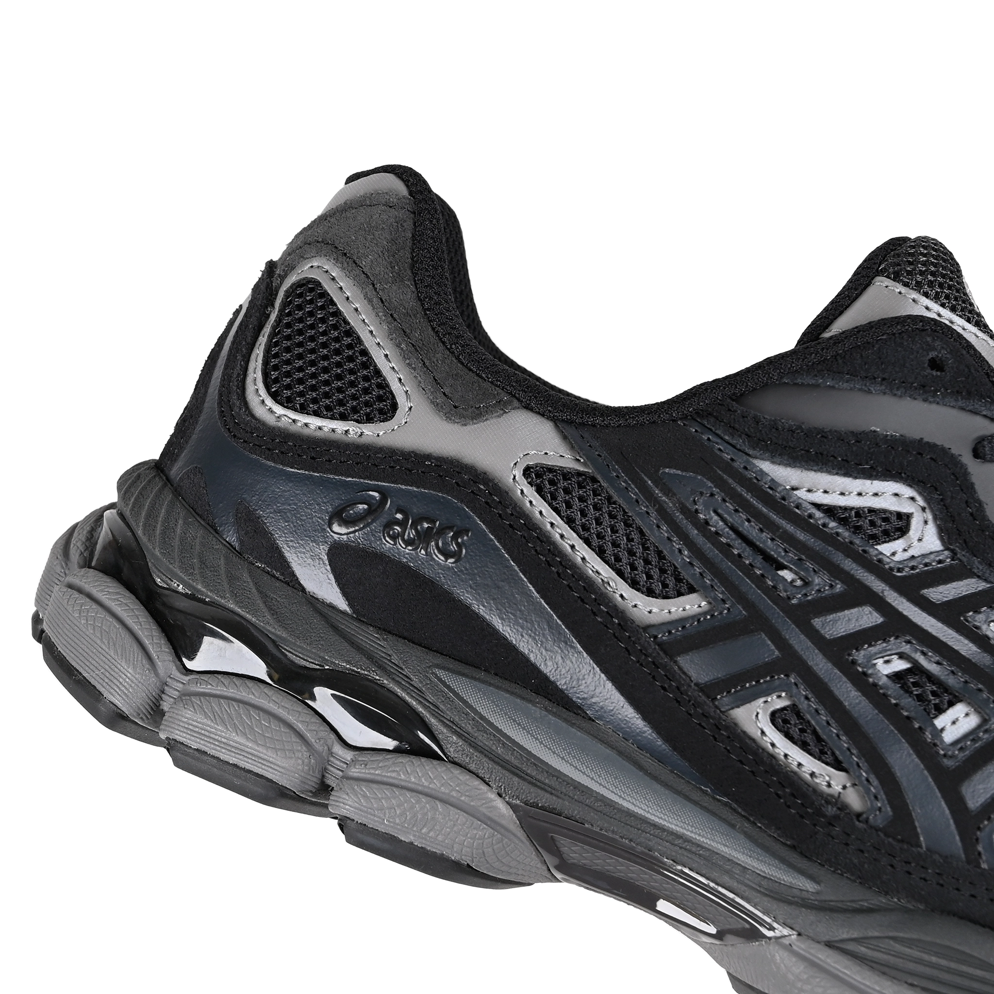 Detail of Graphite grey and black Asics Sportstyle GEL-NYC mens lifestyle sneaker with 'Onitsuka' branding on a white background