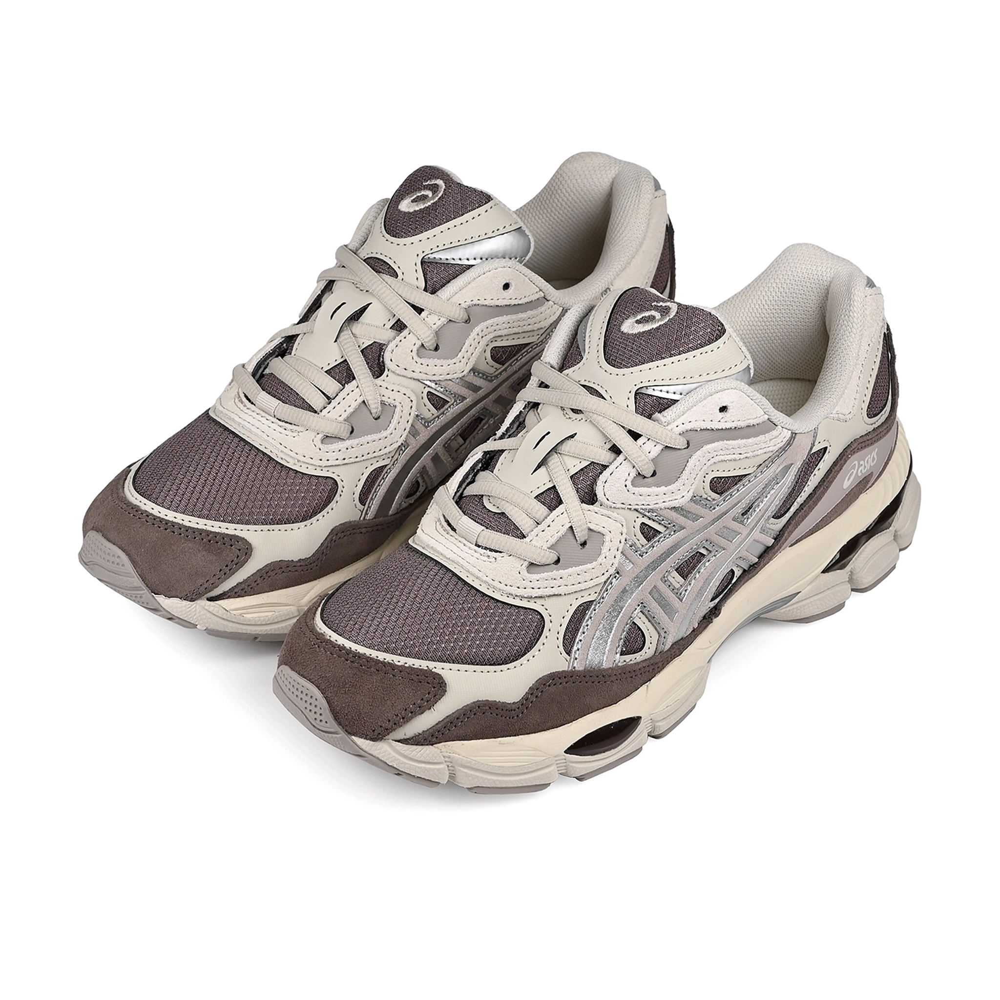 A pair of Cocoa brown ASICS GEL-NYC sportstyle sneakers with silver 'Onitsuka' branding on a white background