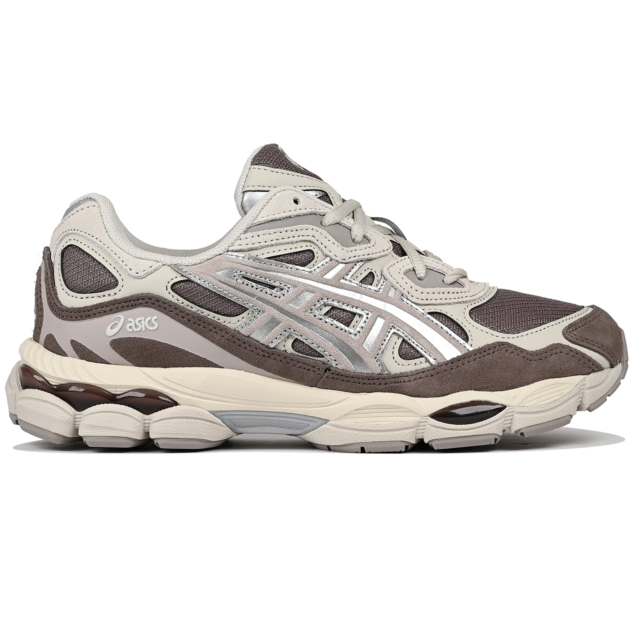Cocoa brown ASICS GEL-NYC sportstyle sneaker with silver 'Onitsuka' branding on a white background