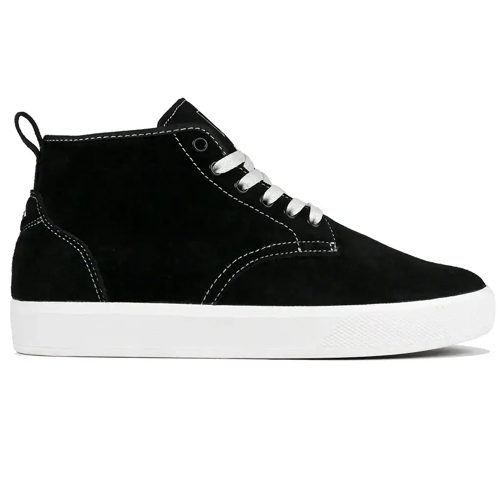 Emerica Spanky Hi black skateboarding shoes with white sole, perfect for casual style and skate performance.