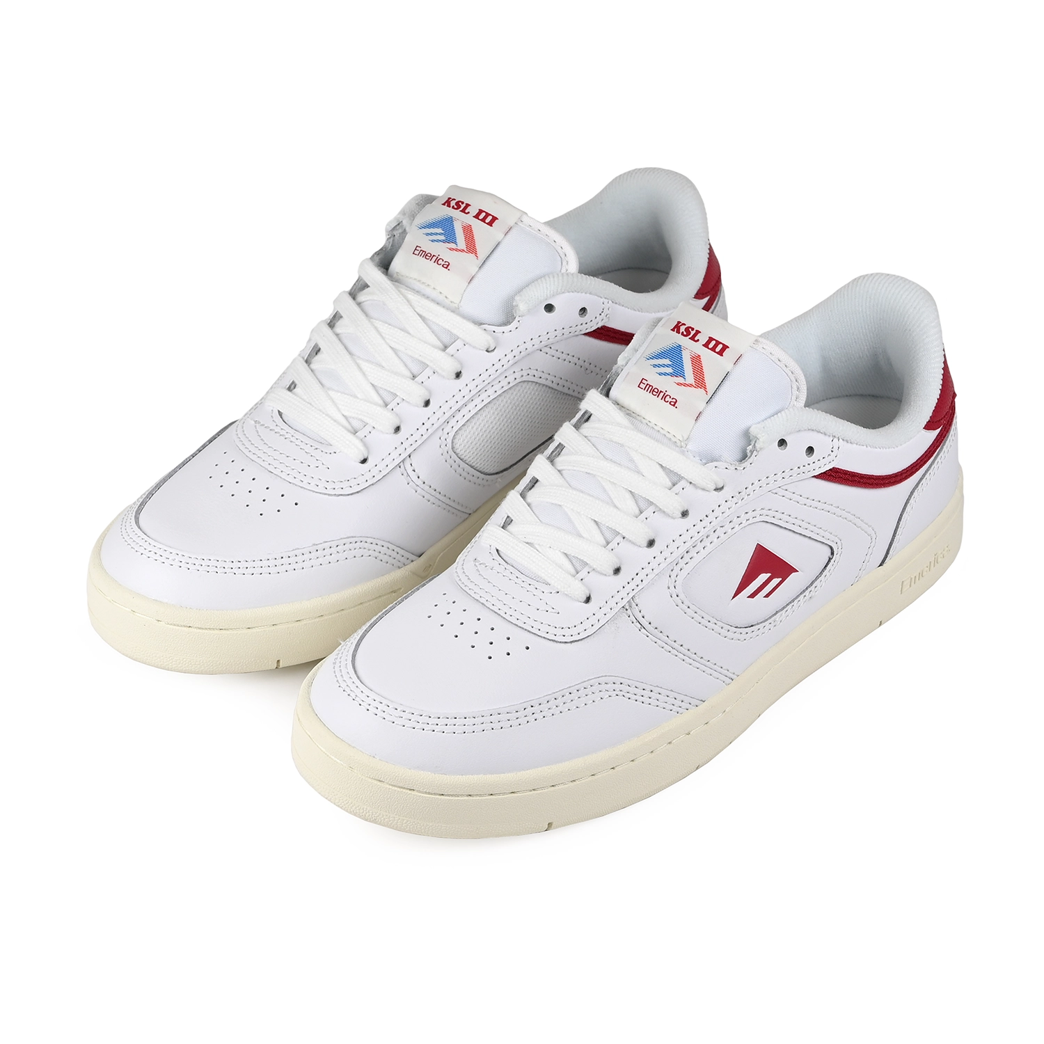 A pair of White and red Emerica Skateboarding KSLIII Kevin 'Spanky' Long pro model men's skateboard sneakers on a white background