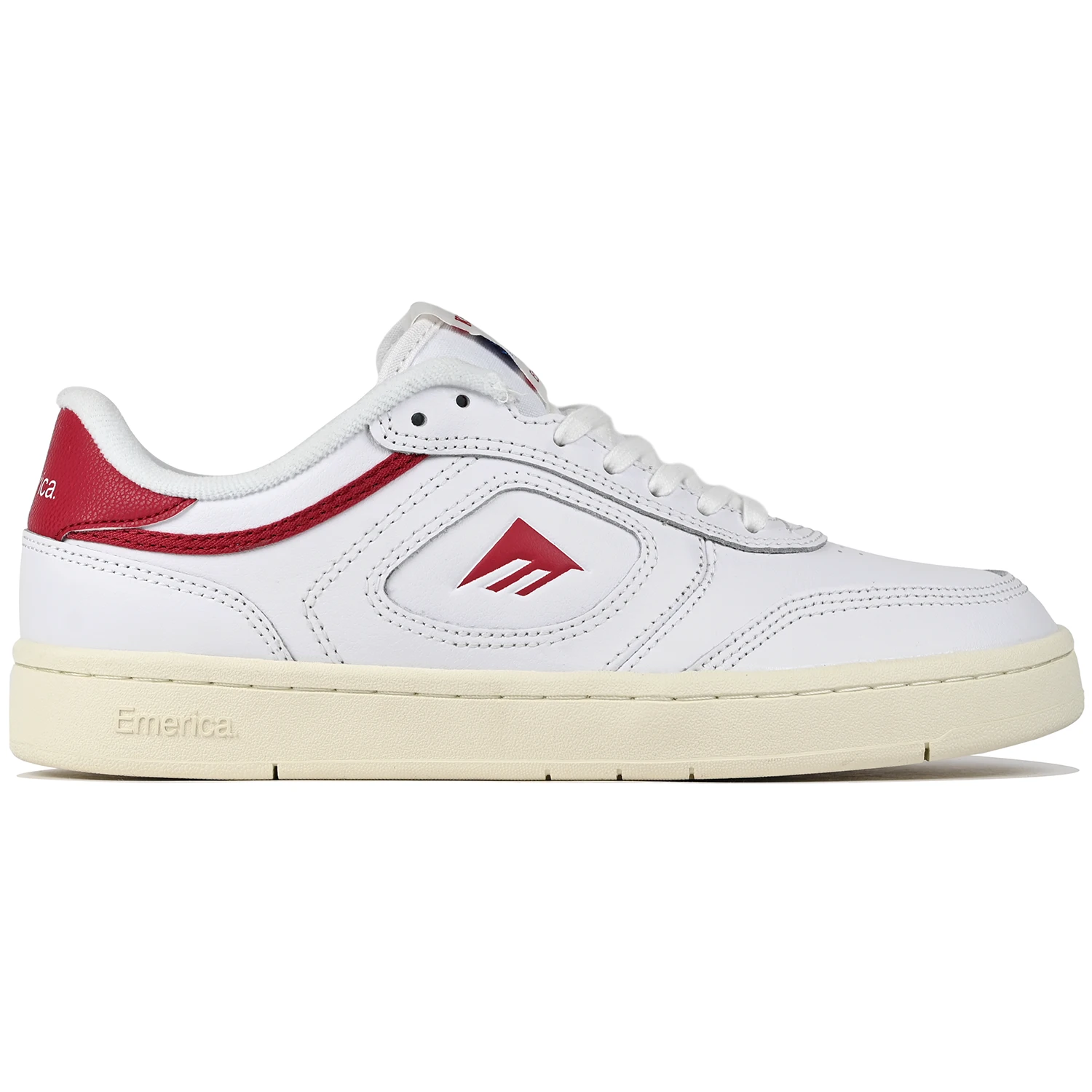 White and red Emerica Skateboarding KSLIII Kevin 'Spanky' Long pro model men's skateboard sneaker on a white background