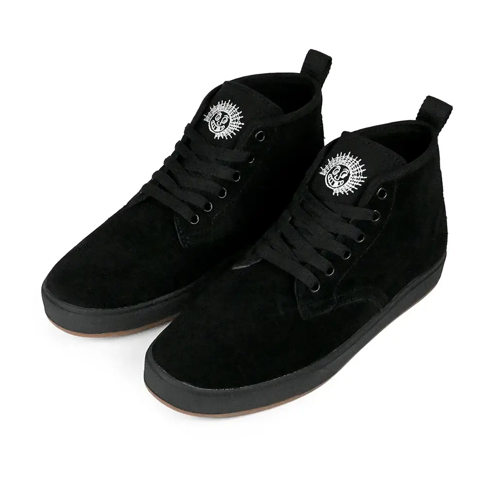 Emerica x Lottie's Spanky Hi black skateboarding shoes with ankle support, designed by Kevin 'Spanky' Long.