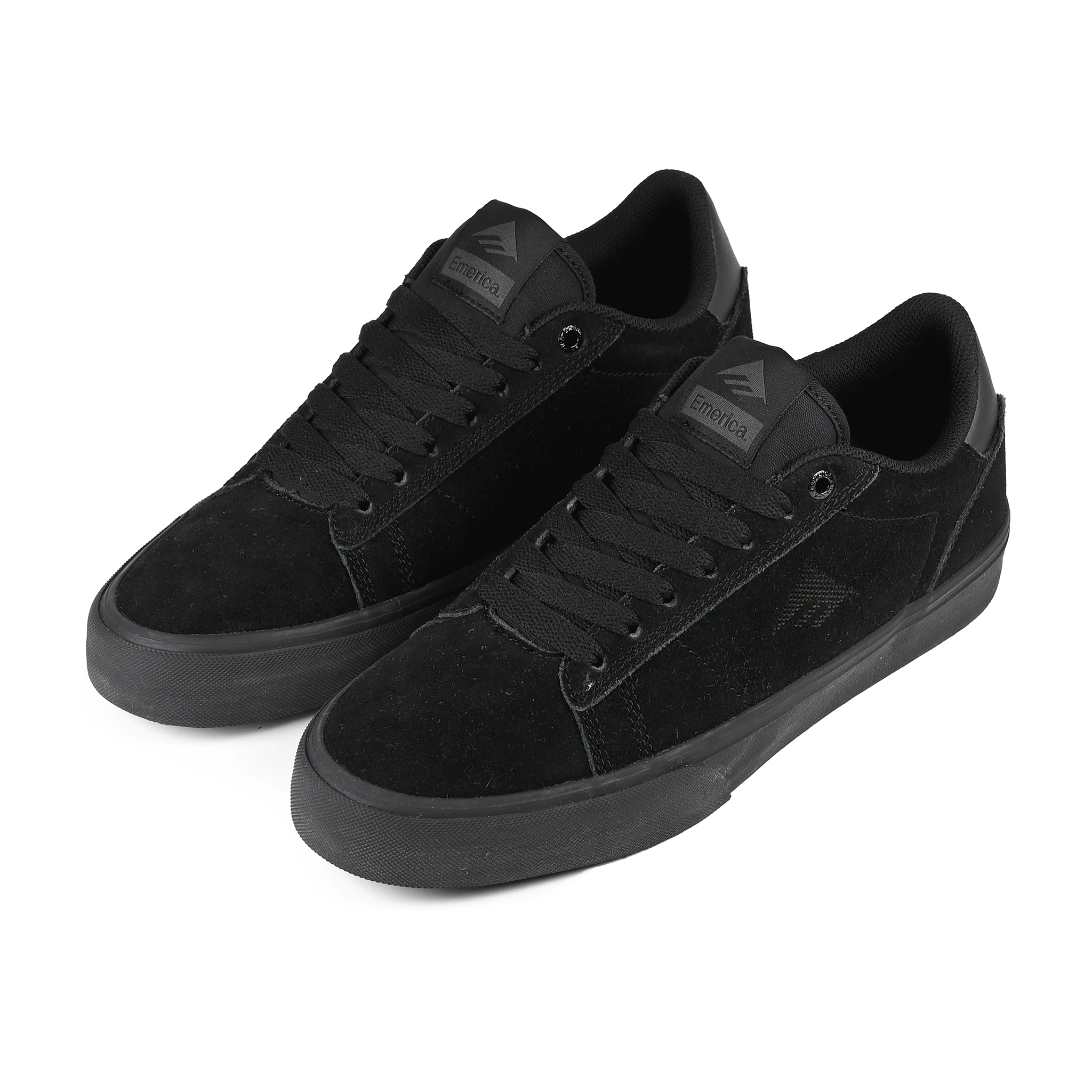 A pair of Black black Emerica Skateboarding Moca skateboard sneakers on a white background.
