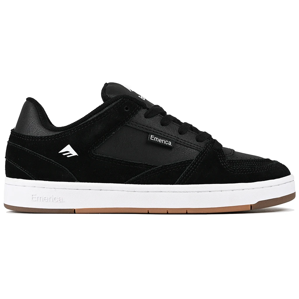Black Emerica Skateboarding Mute sneaker with white sole on a white background