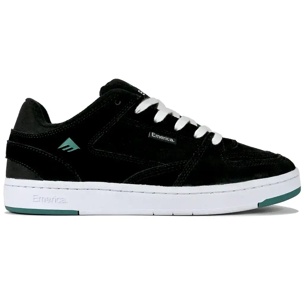 Emerica Mute Skateboarding Shoe in black with white laces and teal logo, perfect for skateboard enthusiasts.