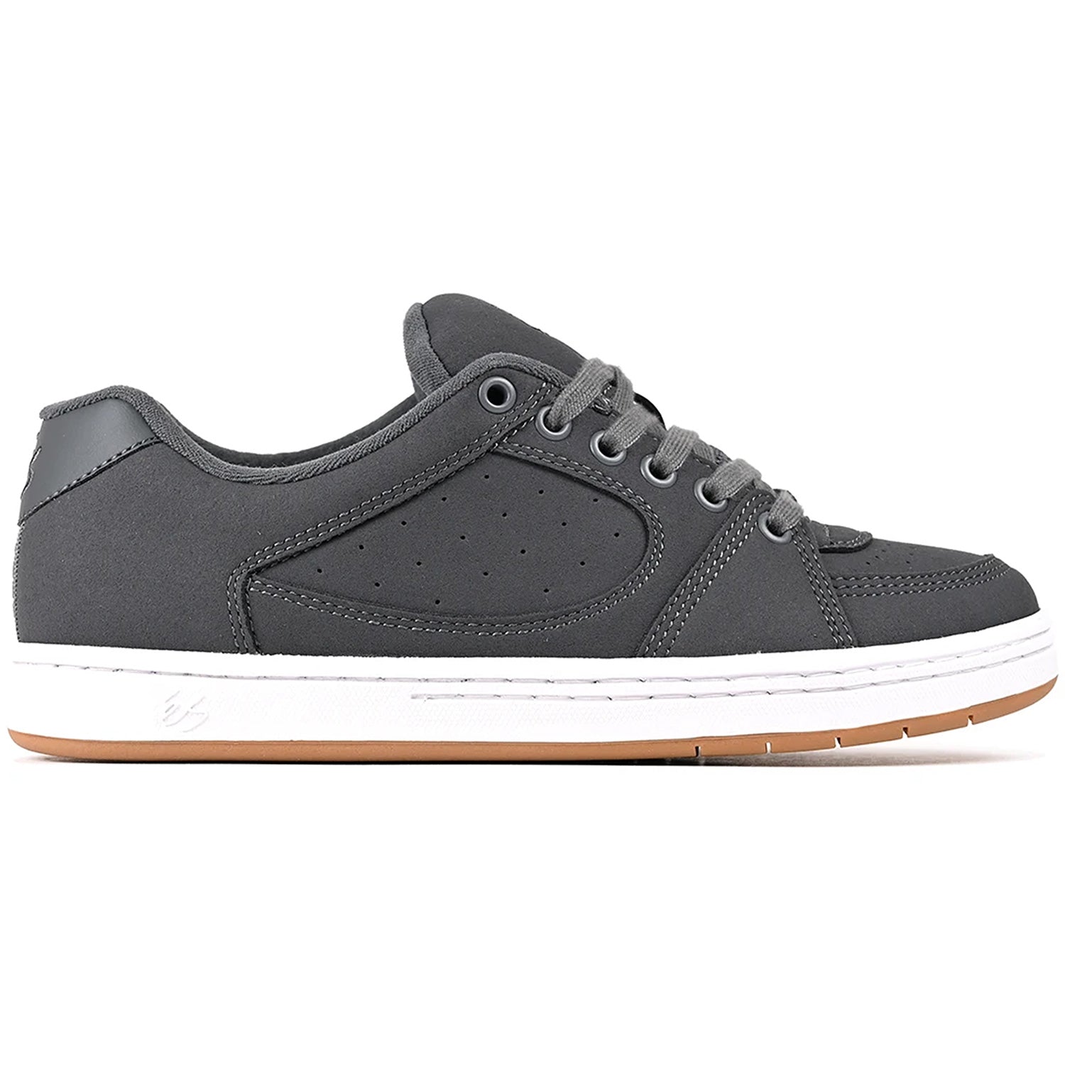 éS Skateboarding gray Accel mens sneaker with white sole on a white background