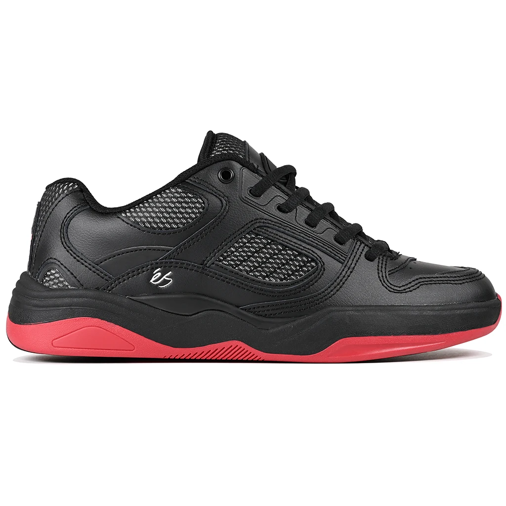 Black éS Skateboarding shoe with red sole on a white background