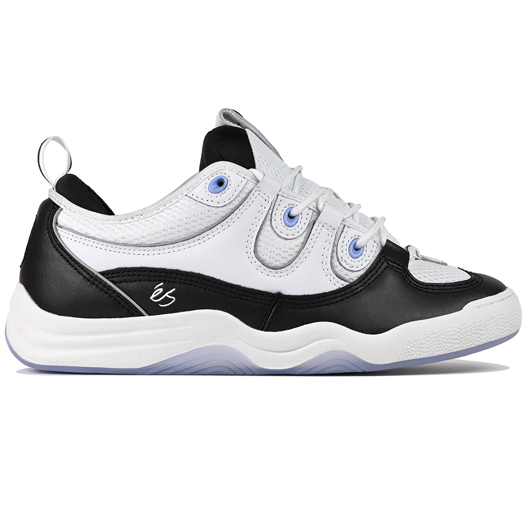 Black and white éS Skateboarding sneaker with blue accents on a white background