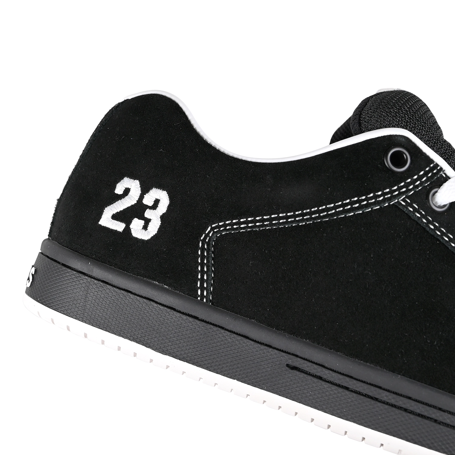 Close up of Black and white Etnies SAL23 men's skateboarding sneaker with number 23 on a white background