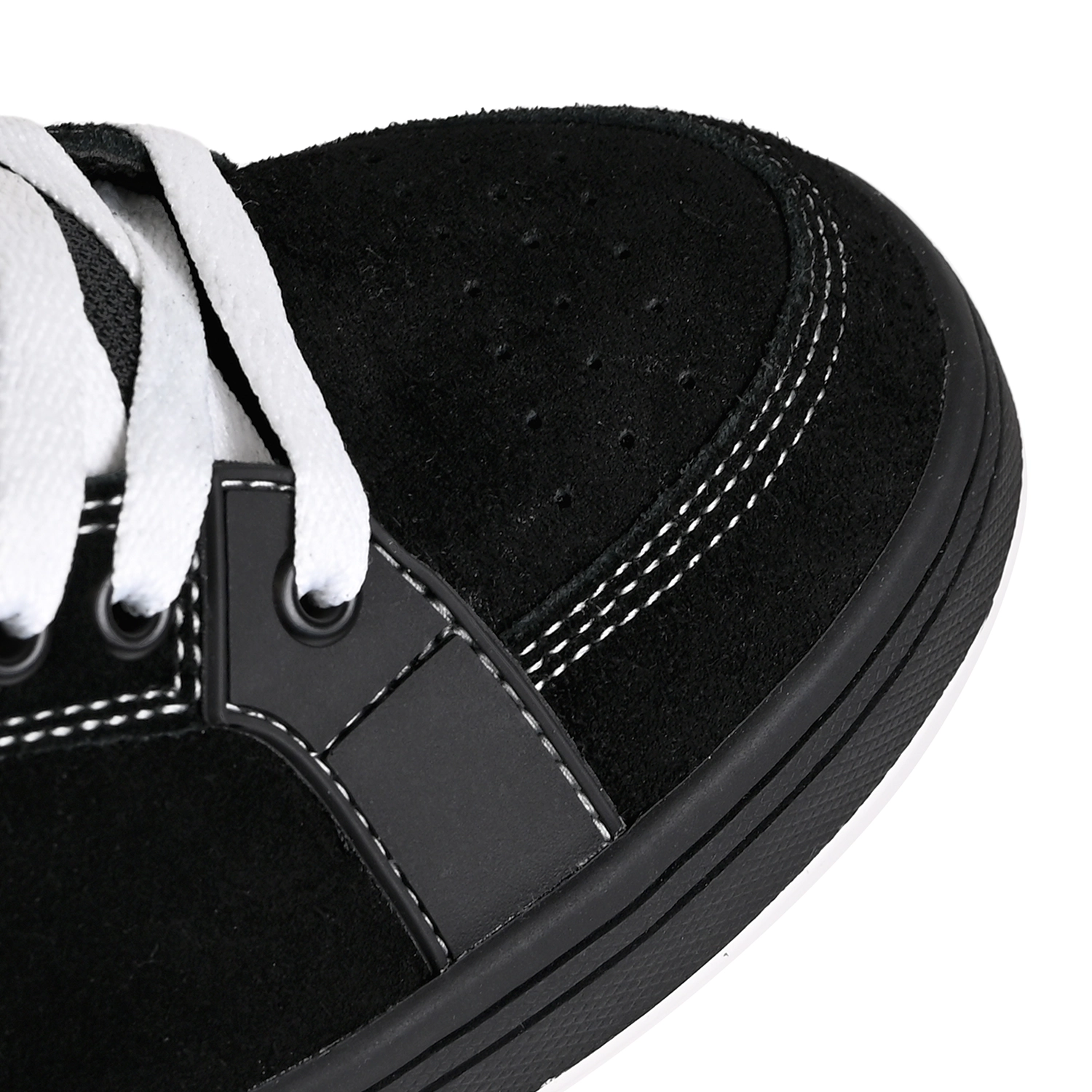 Toe box of Black and white Etnies SAL23 men's skateboarding sneaker with number 23 on a white background