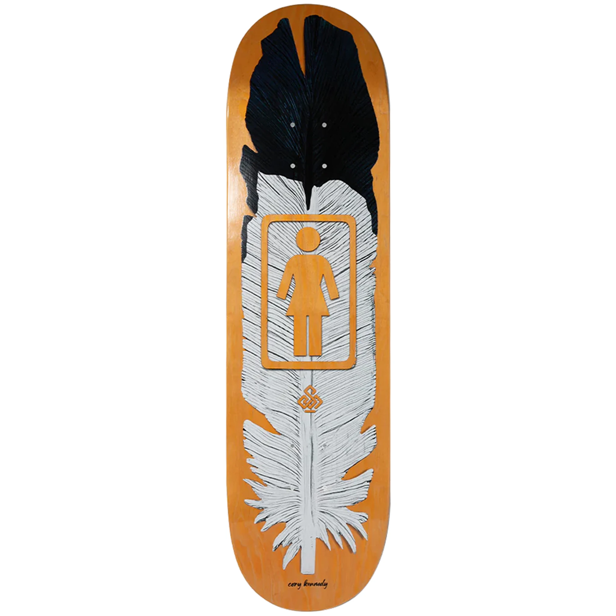Girl Skateboards Siaz Feathers Cory Kennedy pro model skateboard deck with black and white design on a white background