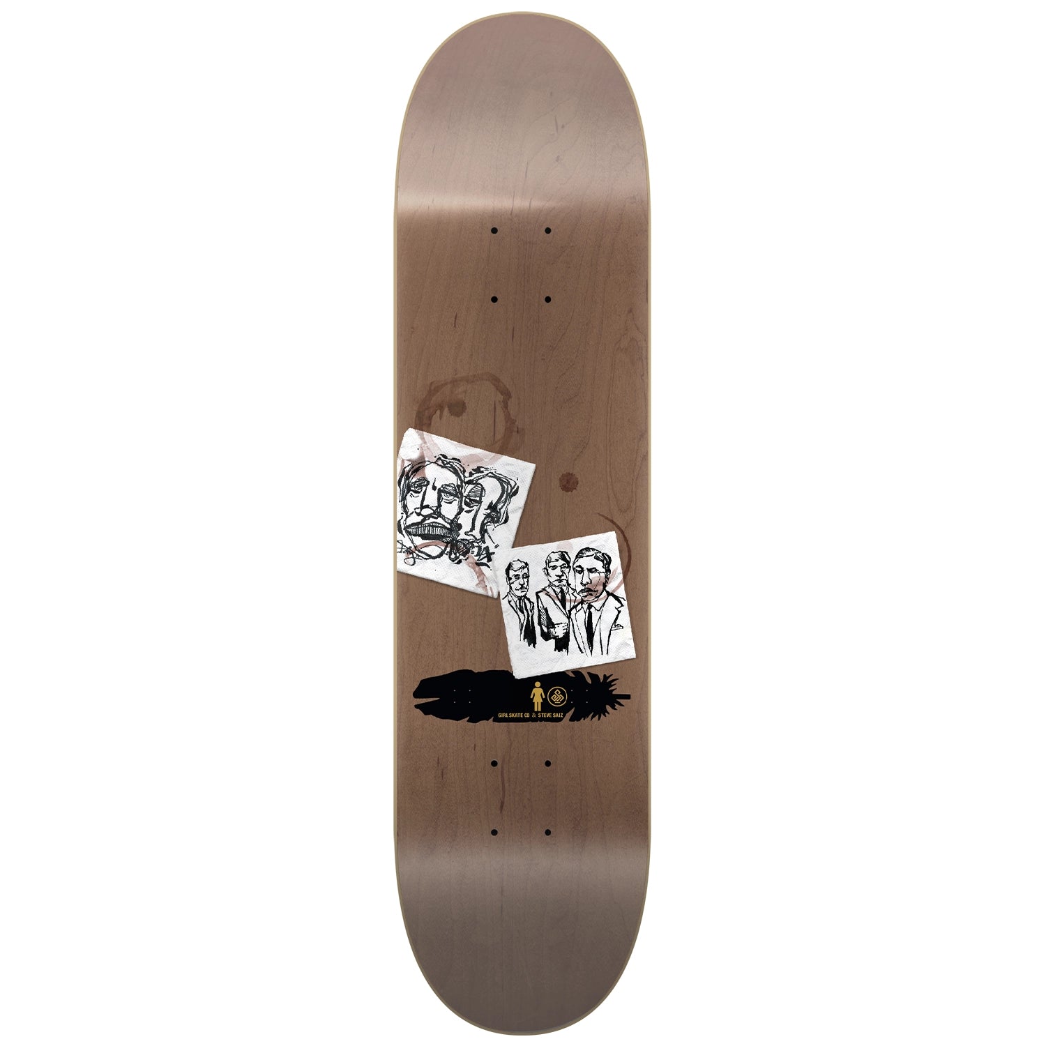 Skateboard deck with artistic designs on a white background