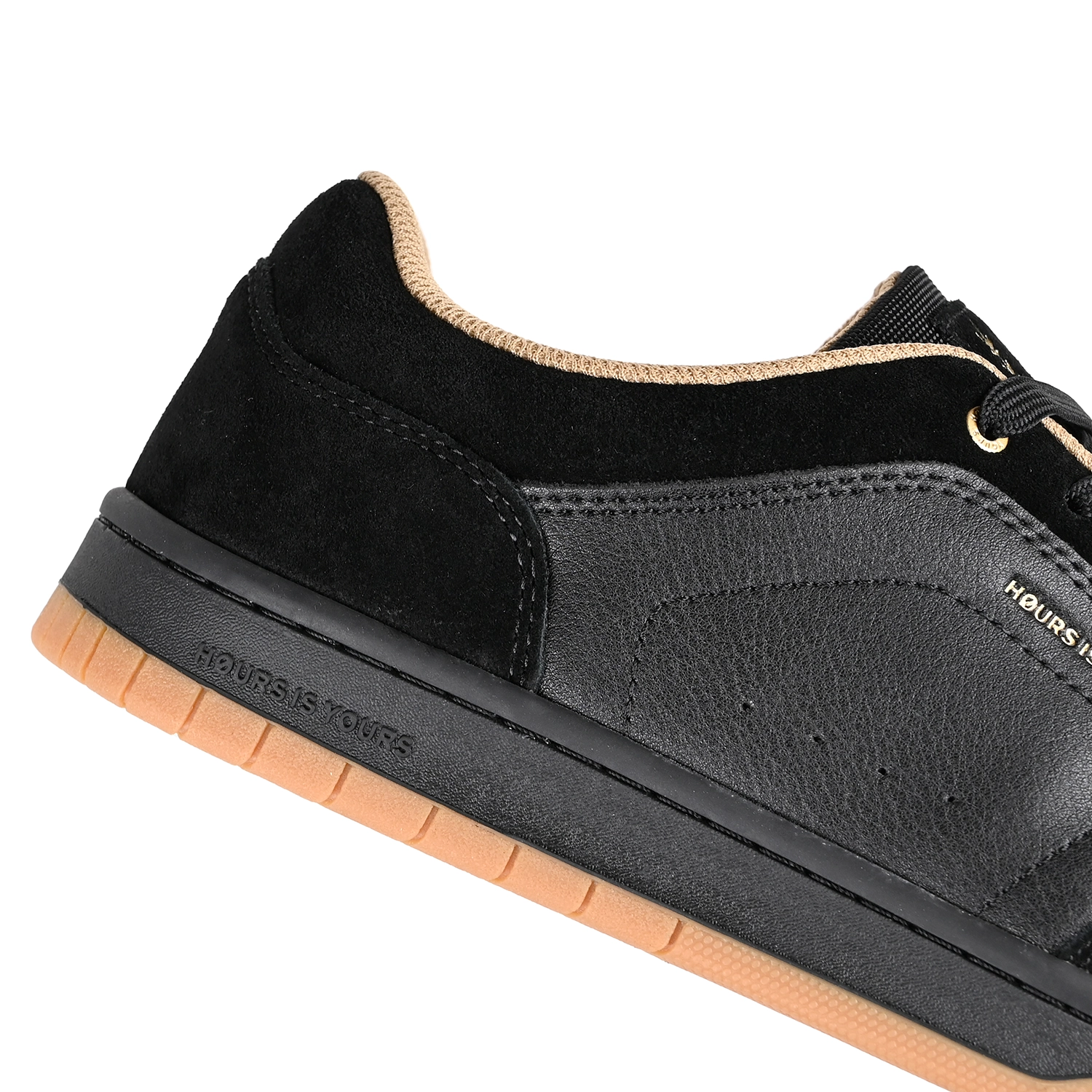 Close up of Black Hours is Yours Bryan Herman pro model skateboard sneaker on a white background