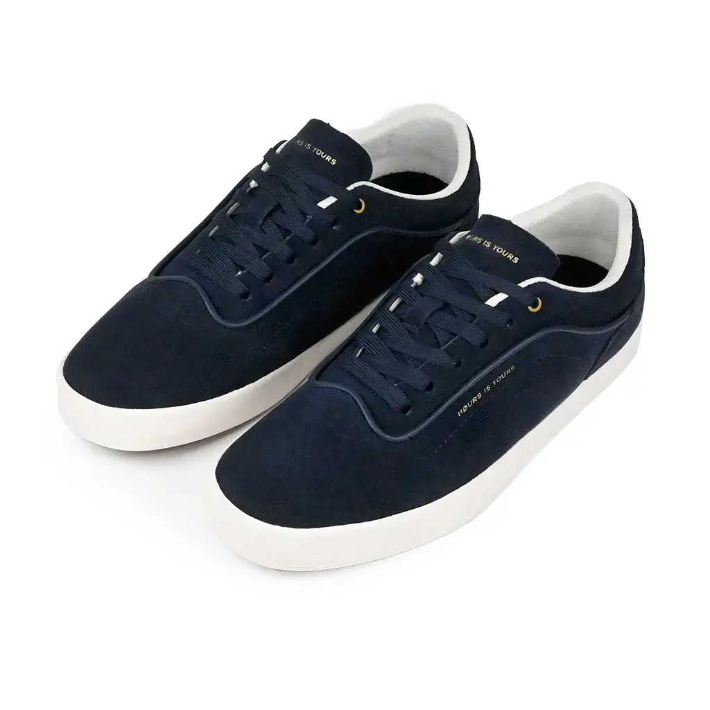 Hours Is Yours CODE V2 skateboarding shoe in navy suede with flat laces, featuring comfort and style for skateboarding.