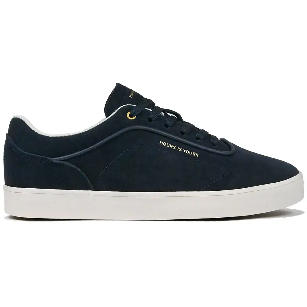 Hours Is Yours CODE V2 skateboard shoe in navy suede, features flat laces and premium comfort for skateboarding.
