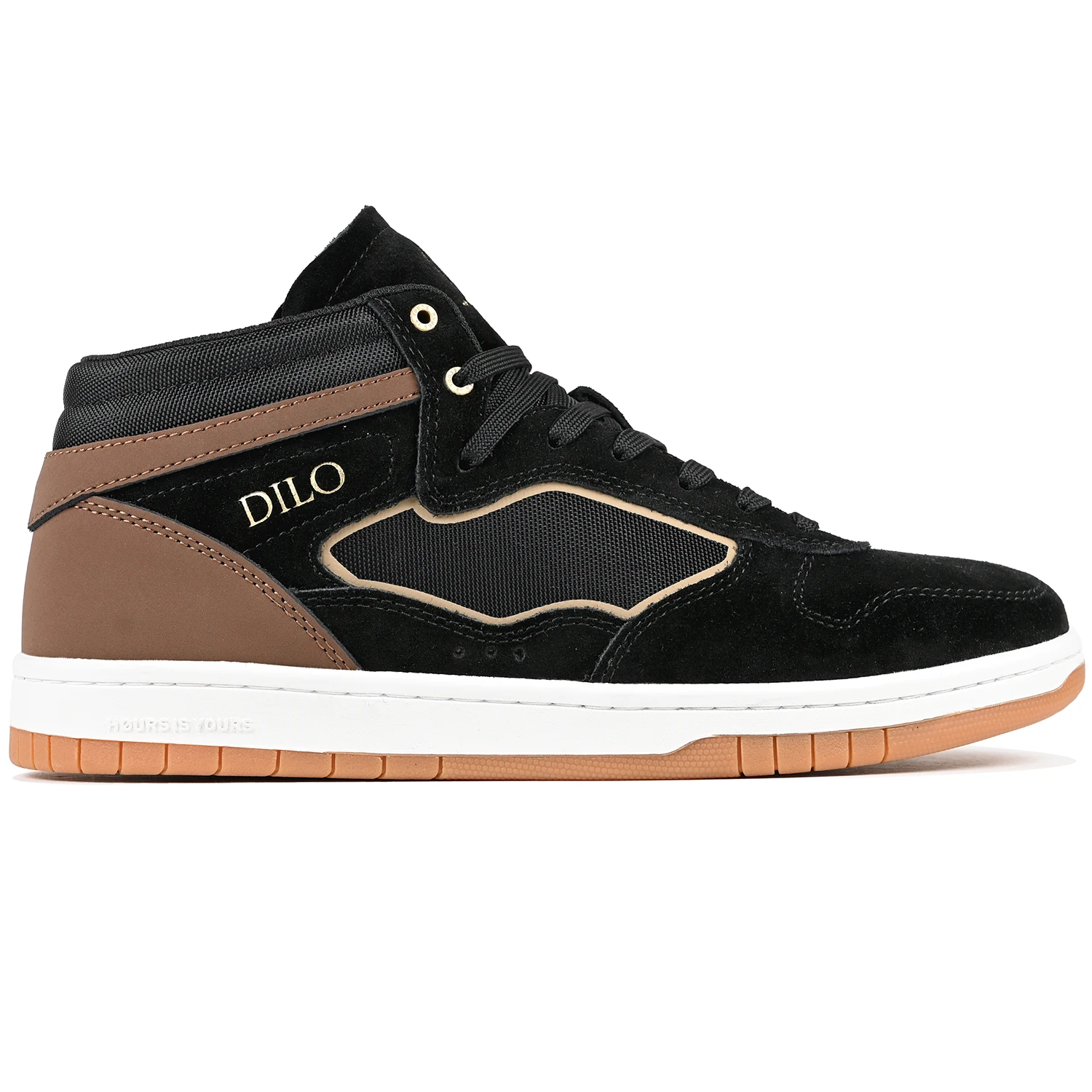 Black and brown Hours is Yours Jon Dilo pro model skateboard sneaker on a white background