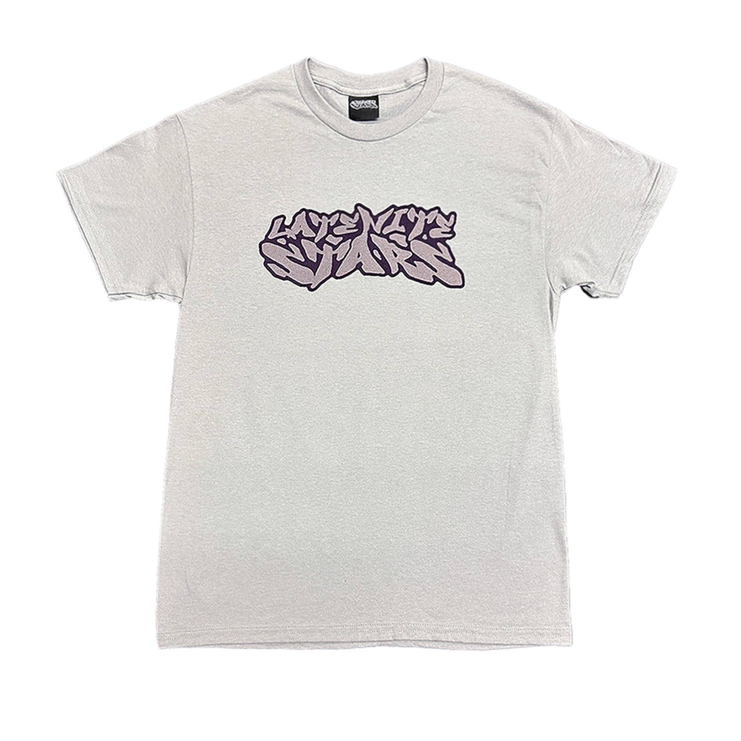 Heather gray t-shirt with purple Late Nite Stars OG Logo center chest screen printed graphic on a white background