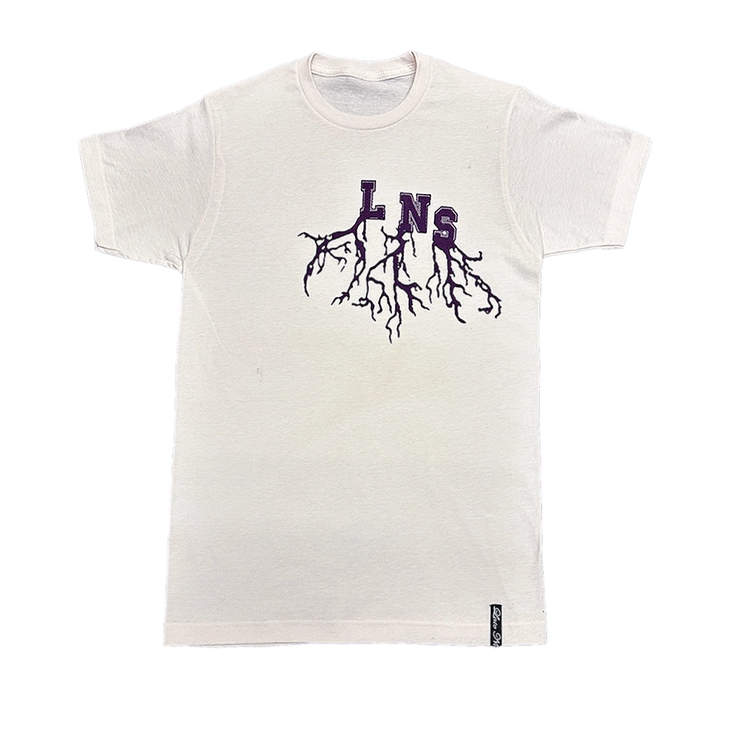 White t-shirt with black Late Nite Stars tree root design and text on a white background