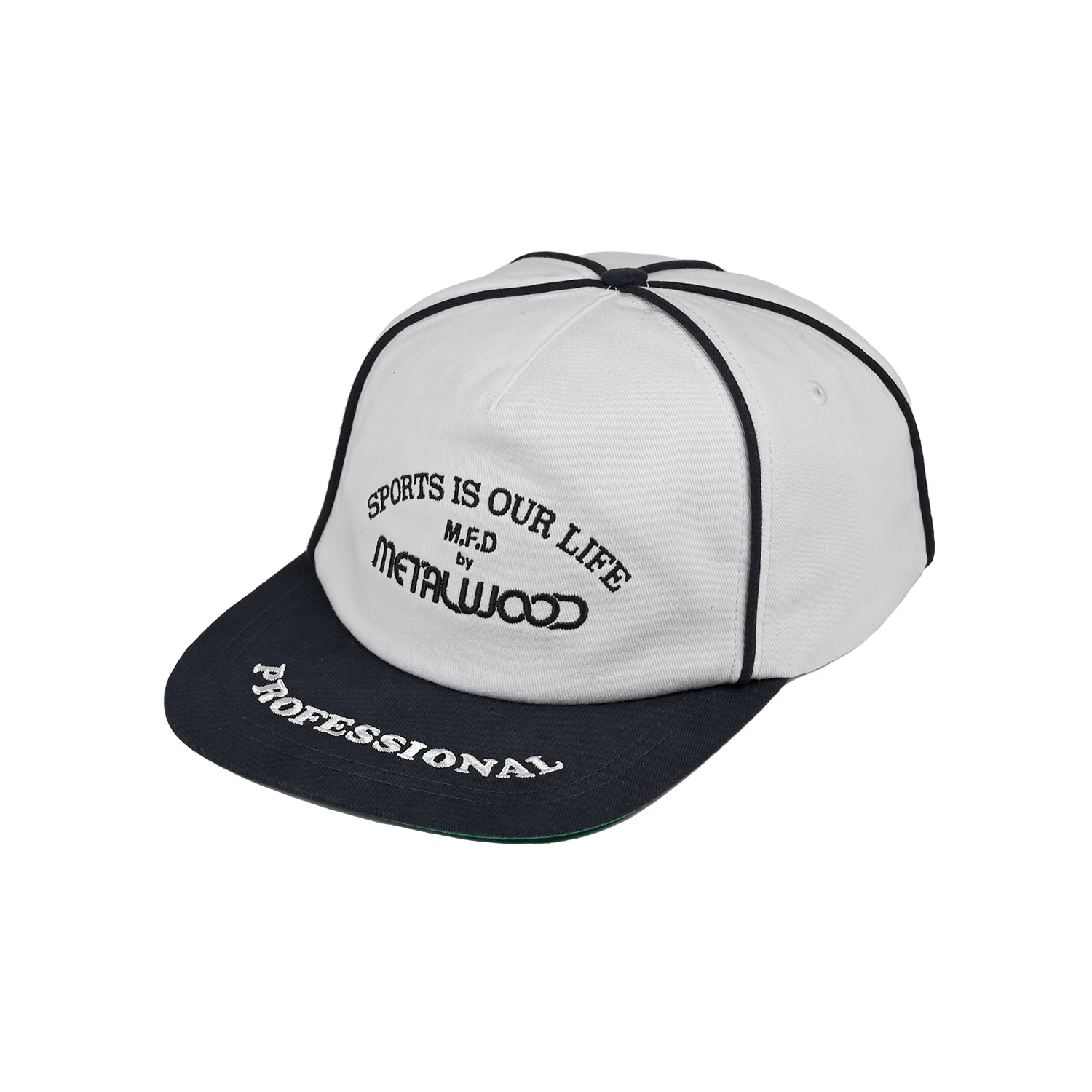White Metalwood Studio Professional 5-panel hat with black piping on a white background