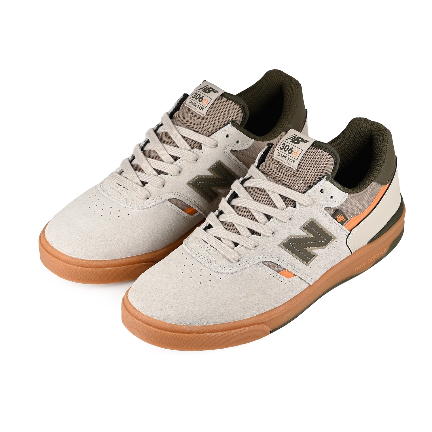 A pair Timberwolf and dark moss New Balance Numeric NM306 Cup Jamie Foy pro model men's skateboard sneakers on a white background