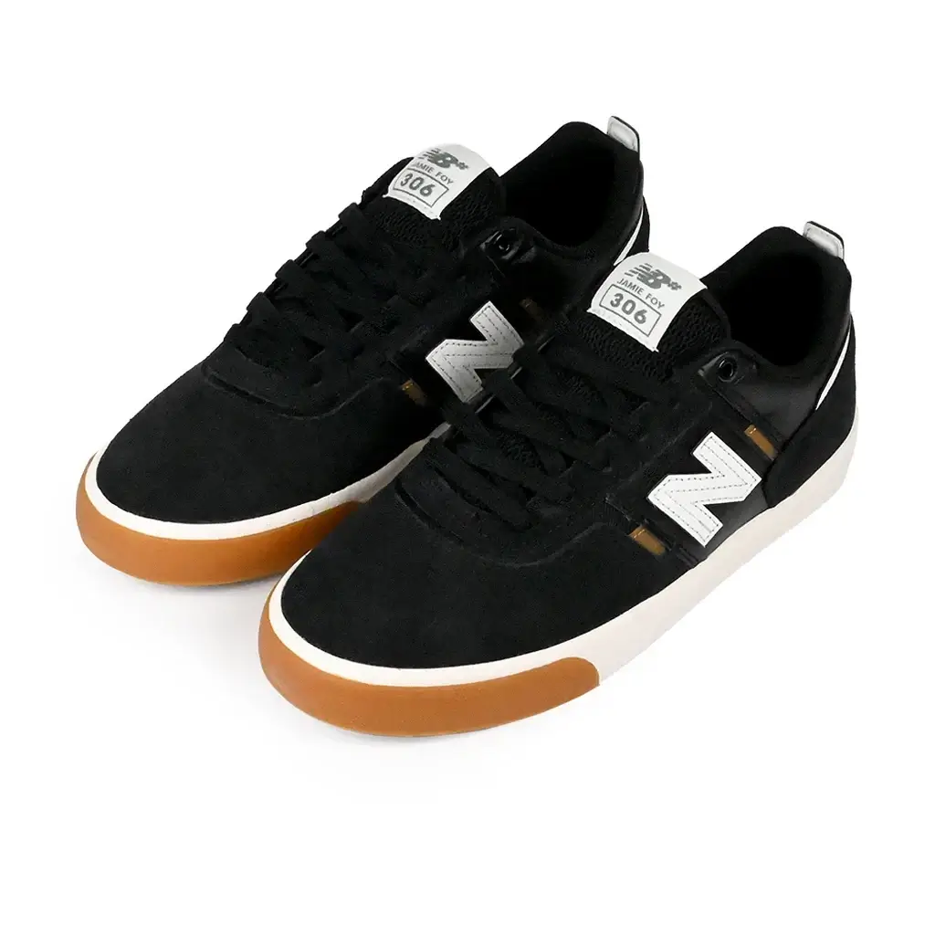 New Balance Numeric NM306 Skateboarding Shoe in black, white, and gum with suede and rubber underlays for durability.