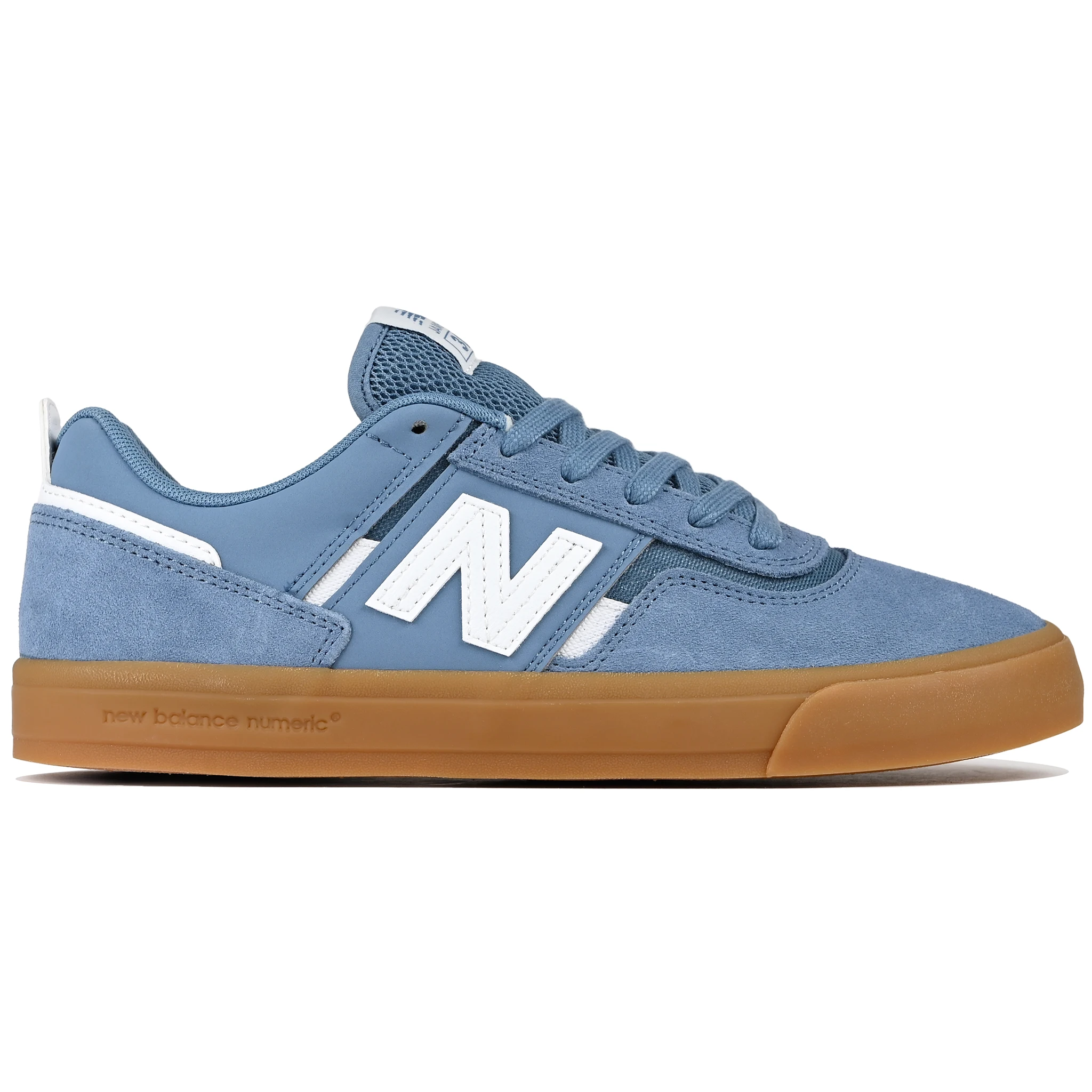 Heron blue New Balance NM306 Jamie Foy pro model skateboard sneaker with gum sole and white branding on a white background