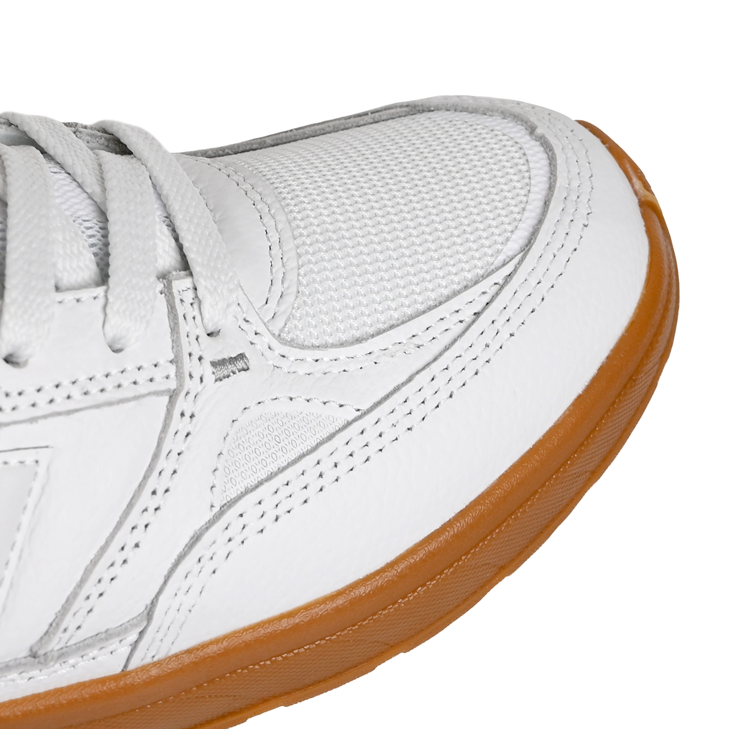 Toe box of White and gum New Balance Numeric NM933 Andrew Reynolds pro model men's skateboard sneaker on a white background