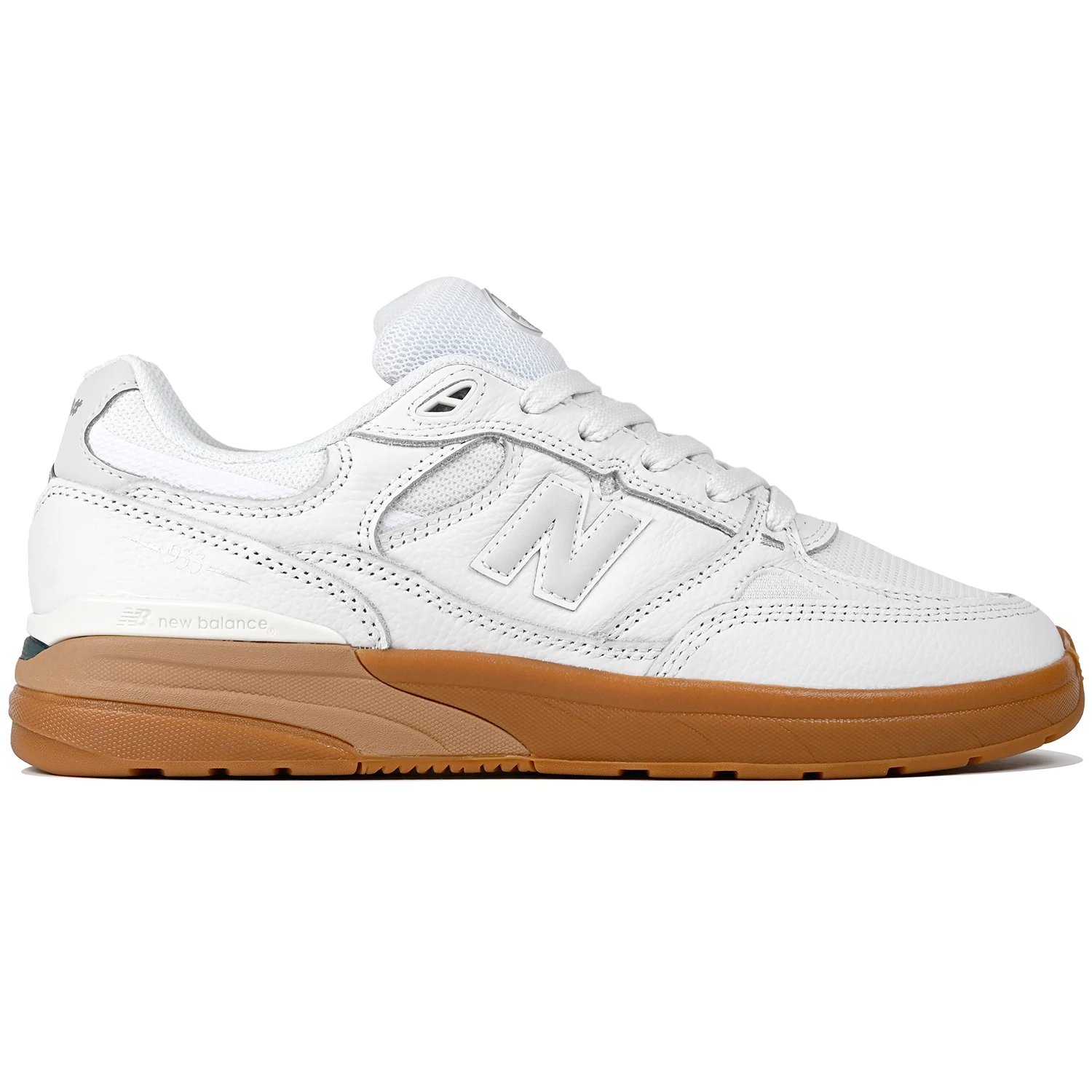 White and gum New Balance Numeric NM933 Andrew Reynolds pro model men's skateboard sneaker on a white background