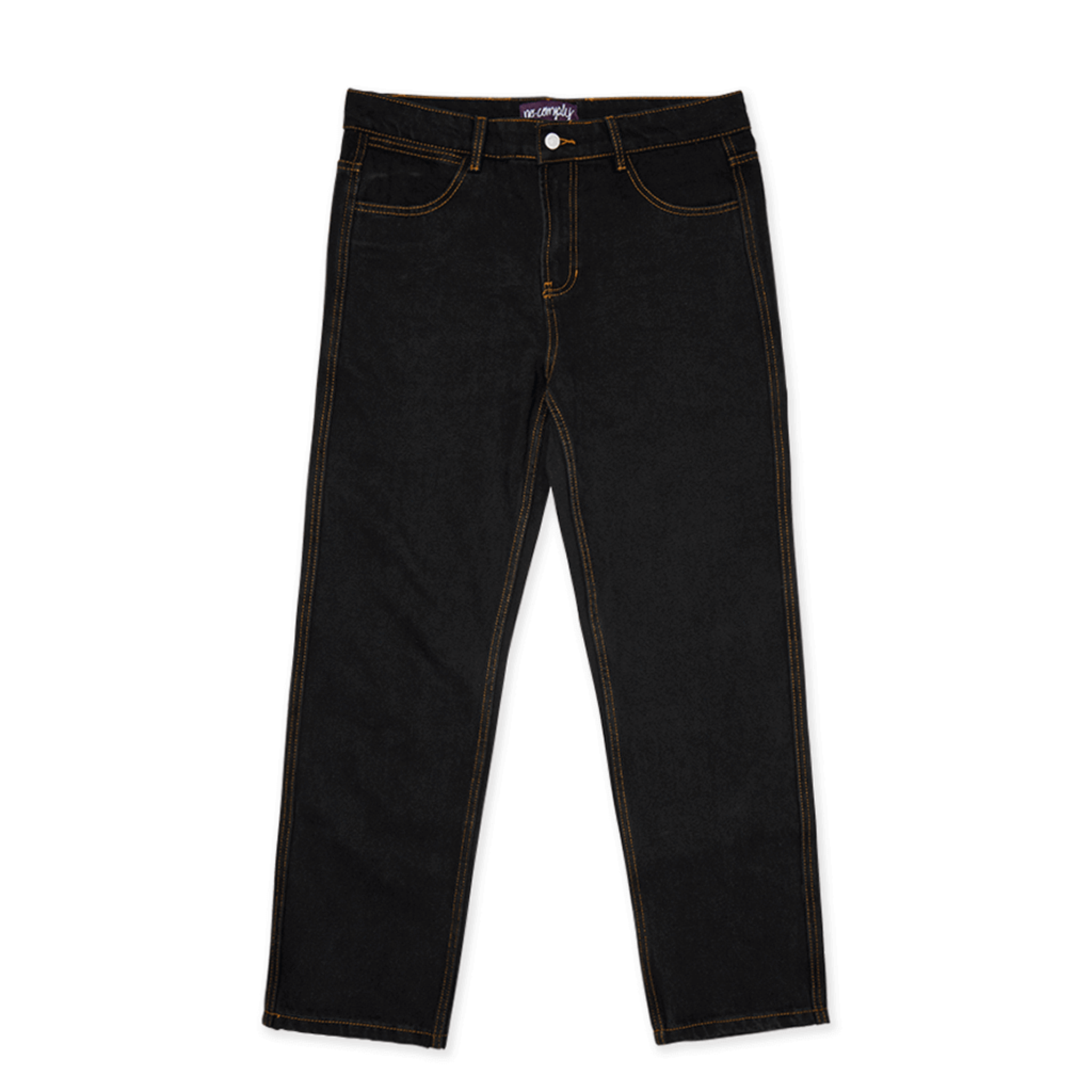 Front view of Black Wash No-Comply Regular Fit denim skate jeans on a white background