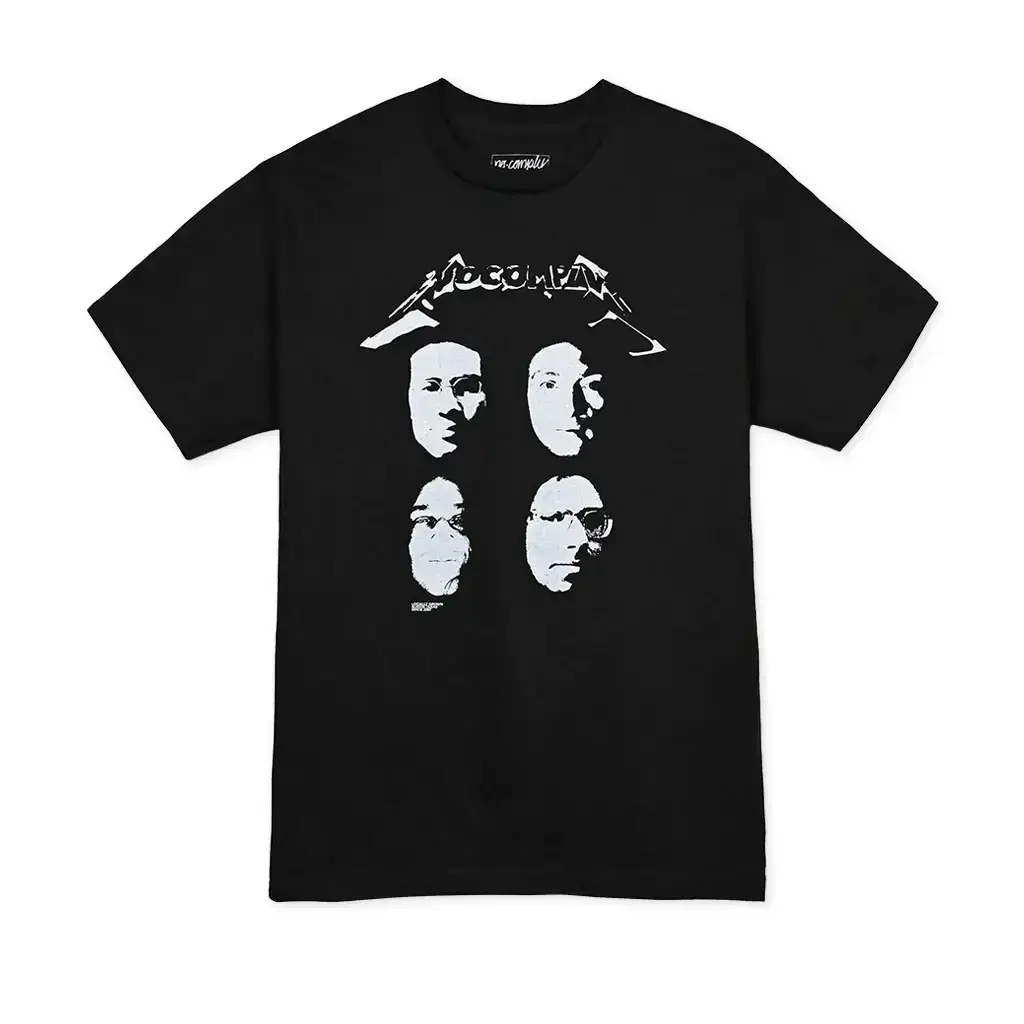No-Comply Black Album Shirt featuring screen-printed graphic of shop employees on a black cotton t-shirt.