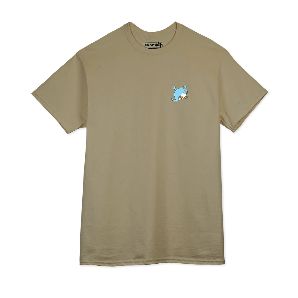 Brown t-shirt with a small blue graphic on a white background