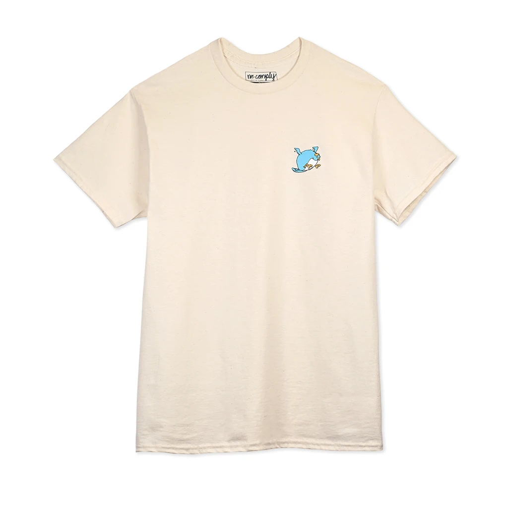 Beige t-shirt with a small blue graphic on the chest against a white background