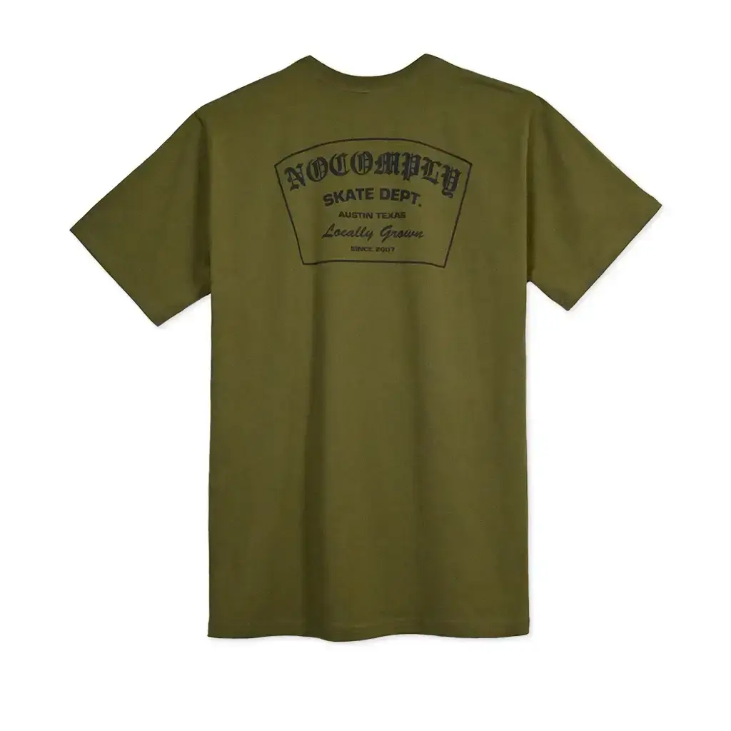 No-Comply Skate Dept. Army tee shirt with black print logo on back, 100% cotton, made in Central Texas.