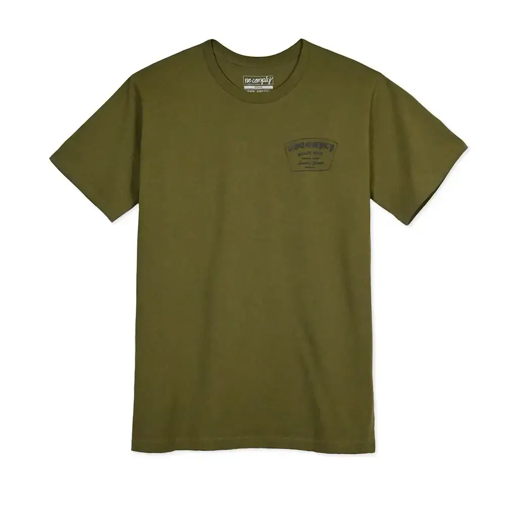 No-Comply Skate Dept. Army Tee Shirt in olive green with black logo on chest, 100% cotton, screen printed in Texas.