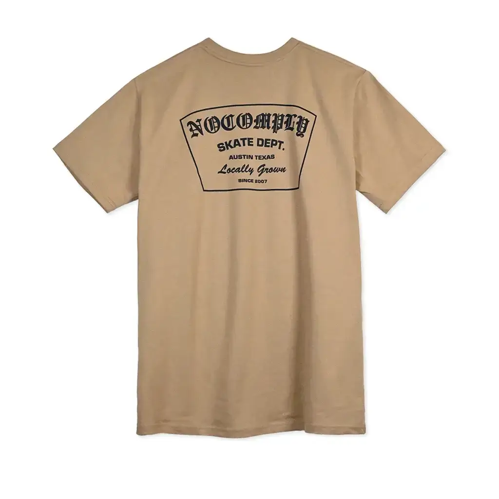 No-Comply Skate Dept. khaki t-shirt with navy printed logo on back, locally grown in Central Texas since 2007.