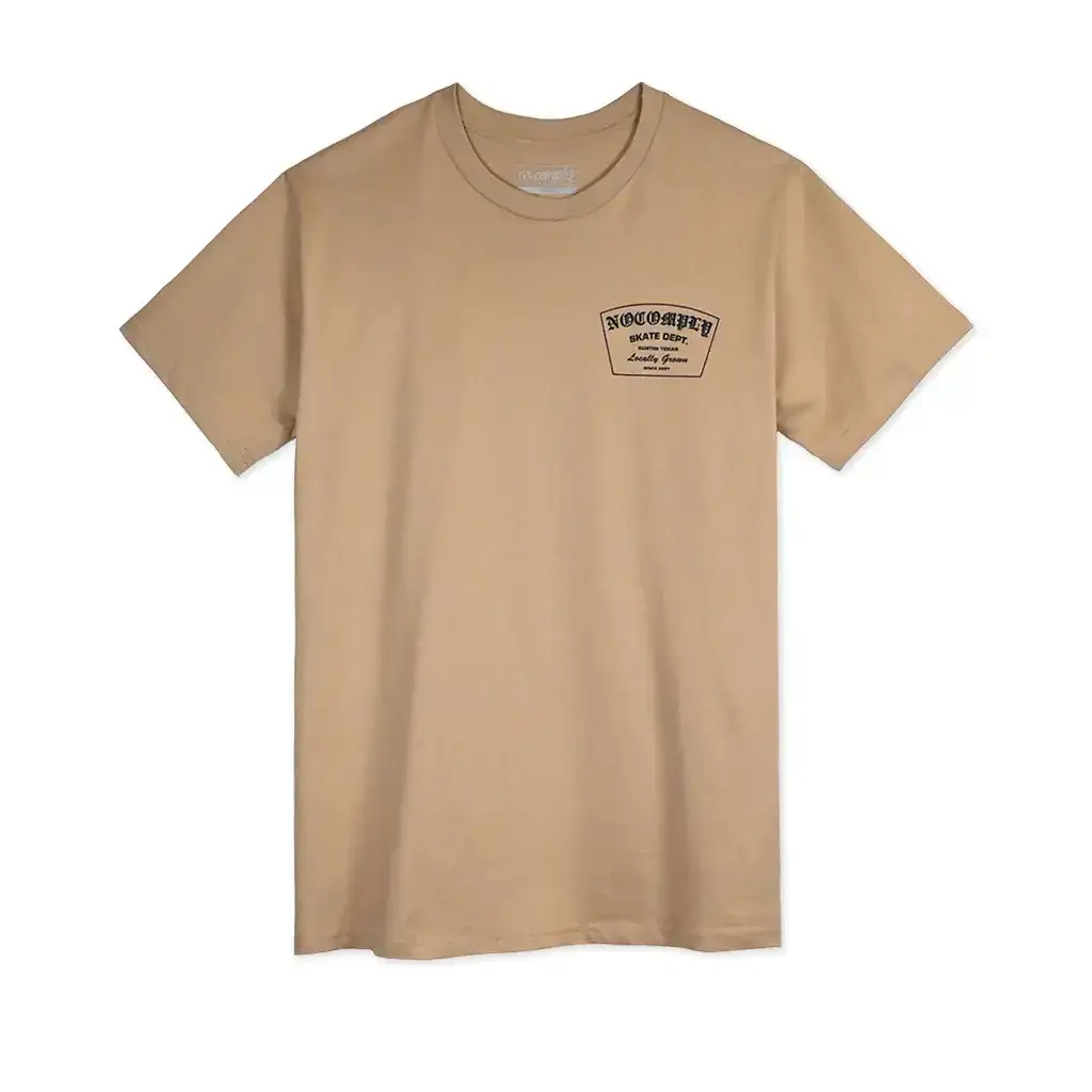 No-Comply Skate Dept. Tee Shirt in khaki with navy print logo on back left chest. 100% cotton, printed in Central Texas.