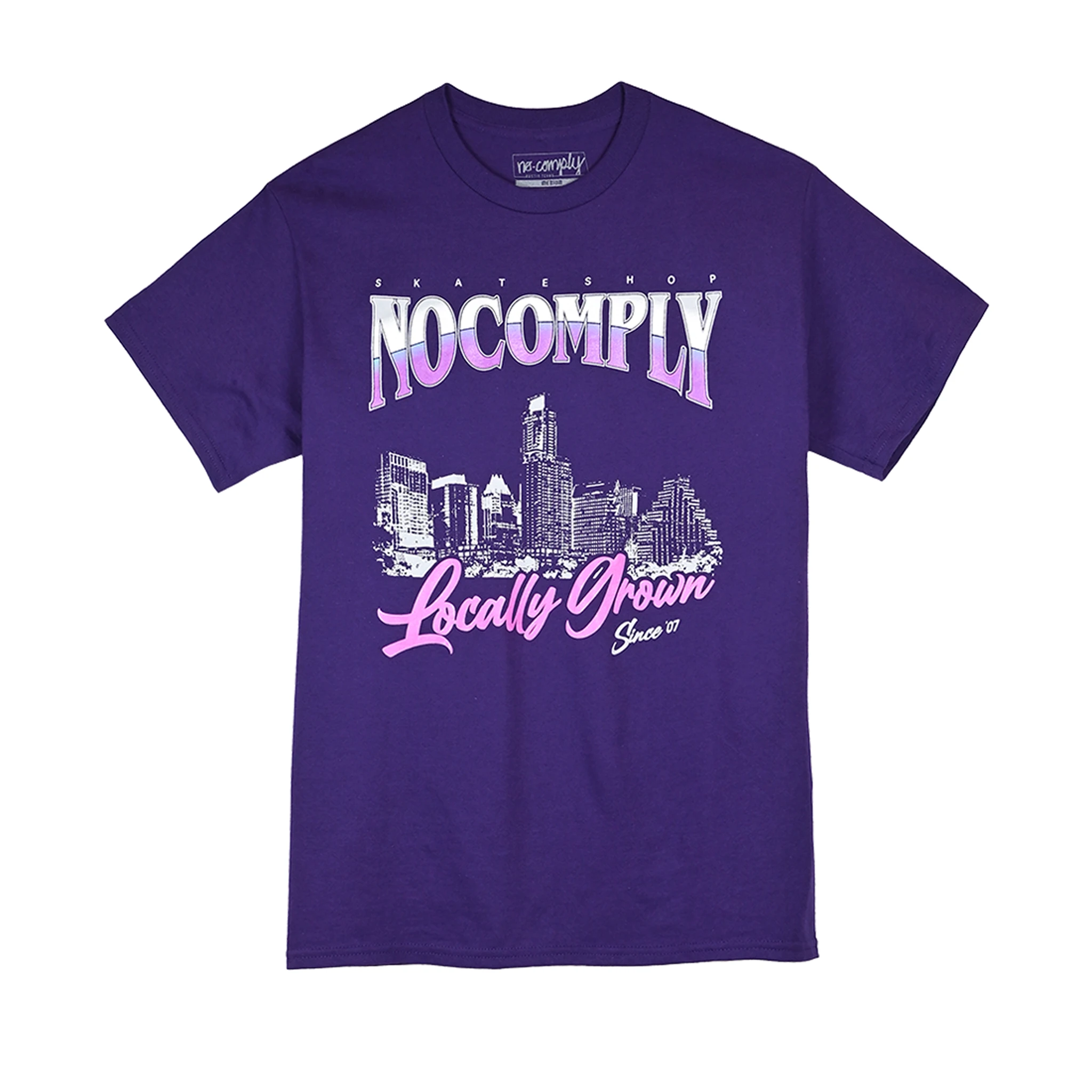 Violet No-Comply Skyline t-shirt with 'Nocomply' and 'Locally Grown' text on a white background