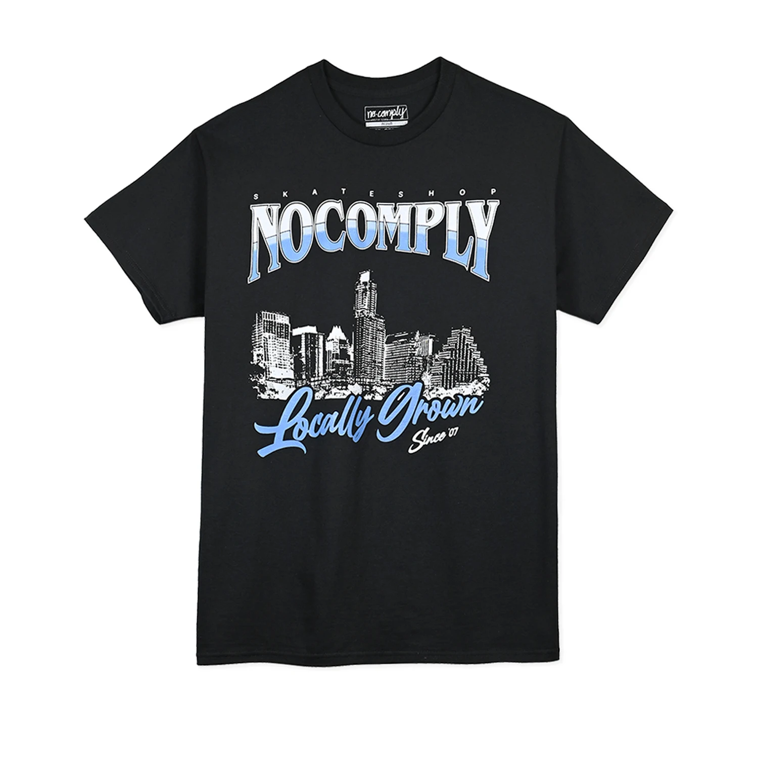 Black No-Comply Locally Grown Skyline t-shirt with Austin, TX skyline graphic on a white background