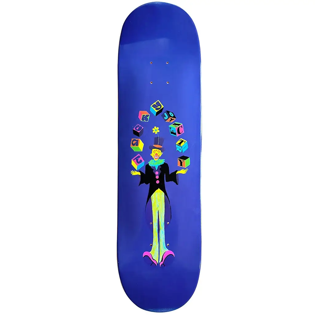 Tacky Joy Factory Blocks Deck 8.5" featuring colorful juggler design on a blue background, 8.5" x 32.125" size.