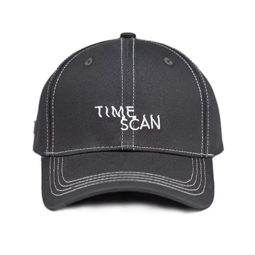 Navy Time Scan Logo cap featuring embroidered design on structured 6-panel hat with strapback closure.