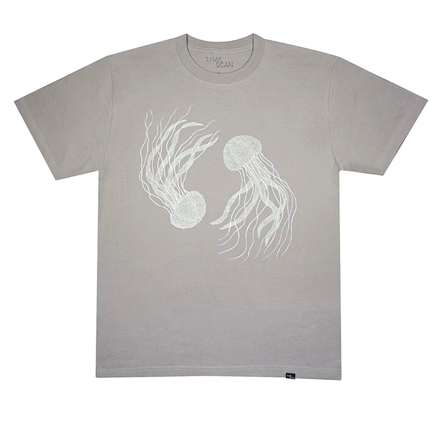 Gray Time Scan Kurage t-shirt with white jellyfish design on a white background