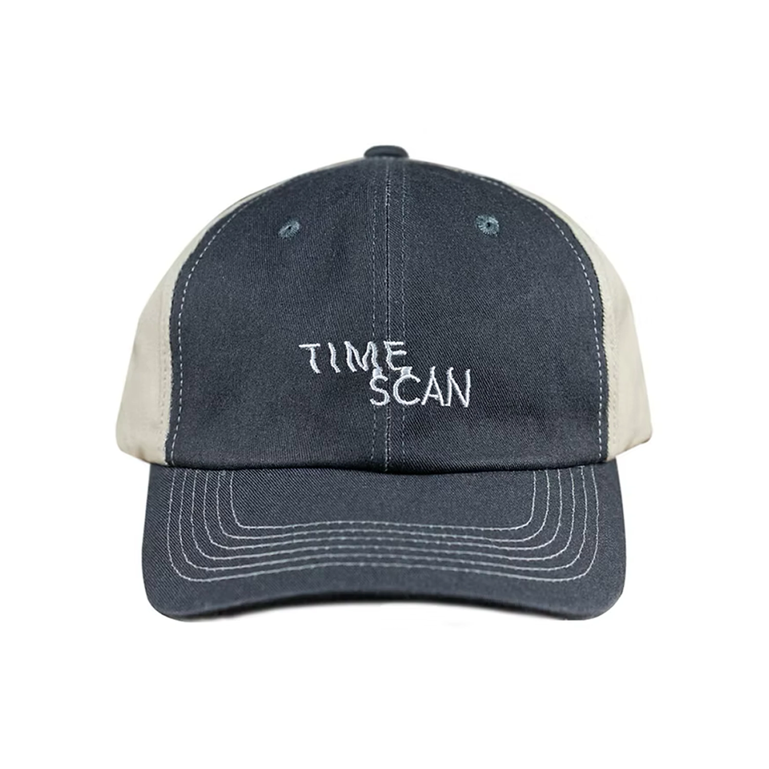 Dark gray and beige Time Scan cap with 'TIME SCAN' logo on a white background