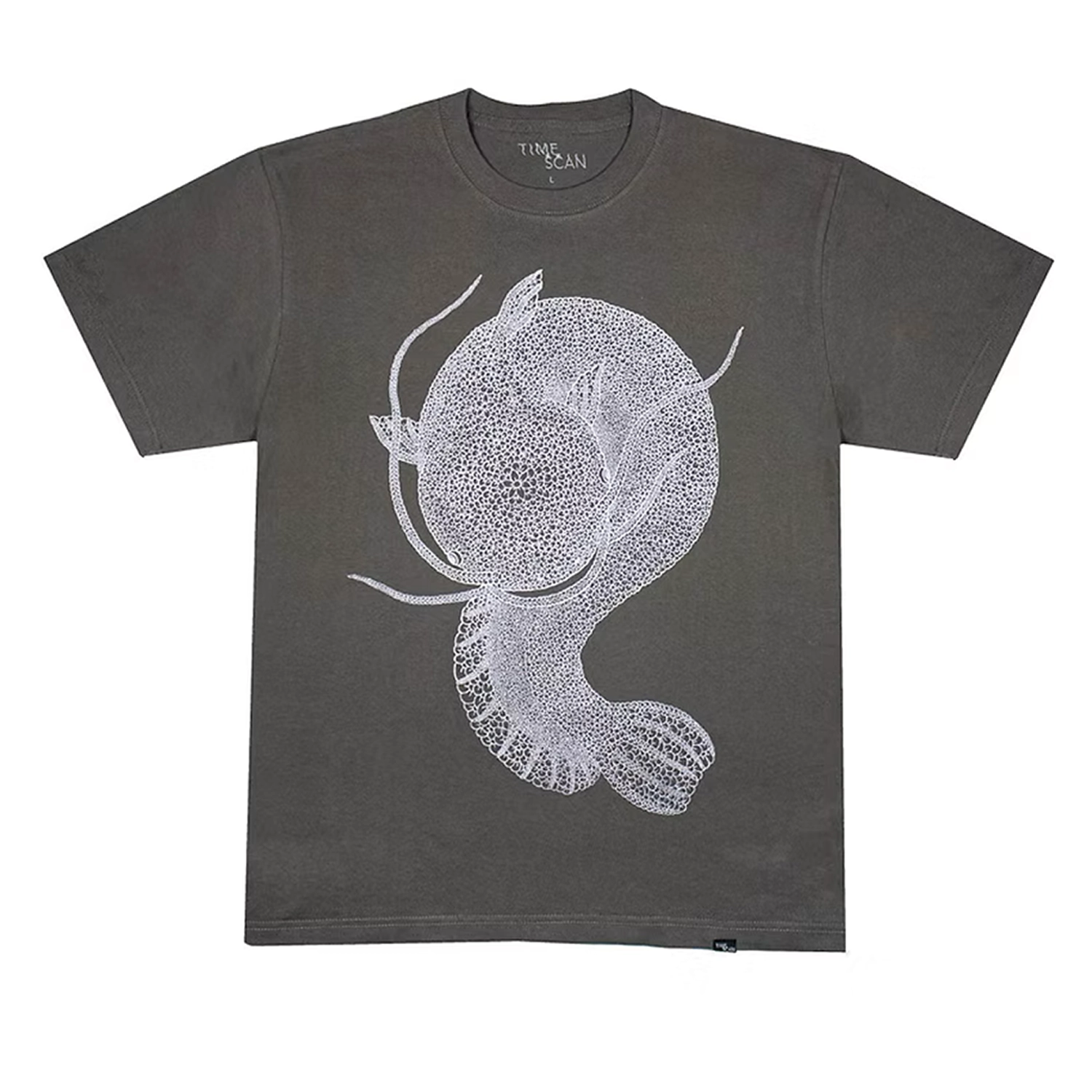 Gray Time Scan Namazu t-shirt with a white fish design on a white background