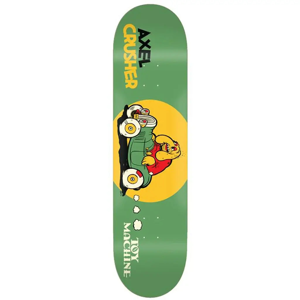 Toy Machine Axel Toons Deck 8.25 with cartoon design and bright colors, pro model skateboard for cruising and tricks.